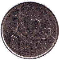 Монета 2 кроны. 2001 год, Словакия. Статуя Венеры. Монета 2 кроны. 2001 год, Словакия. Статуя Венеры.
