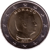 Монета 2 евро. 2022 год, Монако. Альберт II. Монета 2 евро. 2022 год, Монако. Альберт II.
