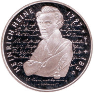 Монета 10 марок. 1997 год, ФРГ. 200-летие со дня рождения Генриха Гейне. (D). Proof. Монета 10 марок. 1997 год, ФРГ. 200-летие со дня рождения Генриха Гейне. (D). Proof.