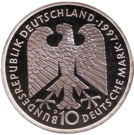 Монета 10 марок. 1997 год, ФРГ. 200-летие со дня рождения Генриха Гейне. (D). Proof.