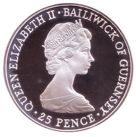Монета 25 пенсов. 1981 год, Гернси. Свадьба Принца Чарльза и Леди Дианы. Серебро.