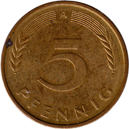 Монета 5 пфеннигов. 1995 год (A), ФРГ. Дубовые листья.