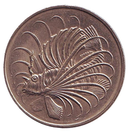 Монета 50 центов. 1983 год, Сингапур. Рыба-лев.