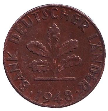 Монета 1 пфенниг. 1948 год (G), ФРГ. Дубовые листья.