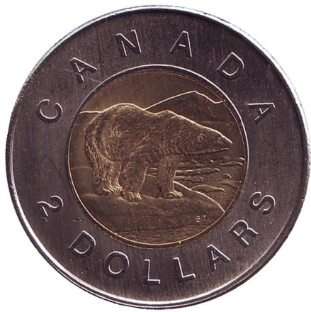 Монета 2 доллара, 2010 год, Канада. Медведь.