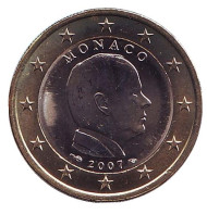 Монета 1 евро. 2007 год, Монако. Князь Альбер II. Монета 1 евро. 2007 год, Монако. Князь Альбер II.