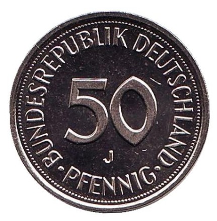 Монета 50 пфеннигов. 1986 (J) год, ФРГ. Женщина, сажающая дуб.