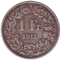Гельвеция. Монета 1 франк. 1911 год, Швейцария.