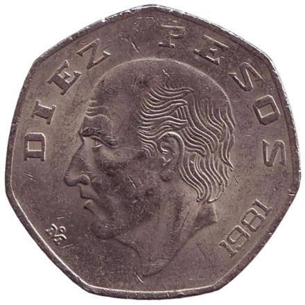 Монета 10 песо. 1981 год, Мексика. Мигель Идальго.