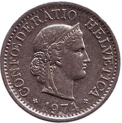Монета 10 раппенов. 1974 год, Швейцария.