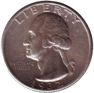 Монета 25 центов. 1932 год, США. Вашингтон. Монета 25 центов. 1932 год, США. Вашингтон.