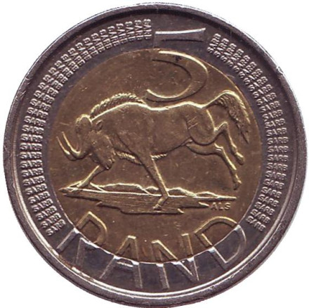 Монета 5 рандов. 2013 год, ЮАР. Без отметки монетного двора. Антилопа гну.