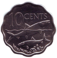 Монета 10 центов, 2007 год, Багамские острова. Рыбы.