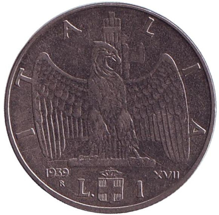 Монета 1 лира. 1939 год (XVII), Италия. (Магнитная) Орёл.