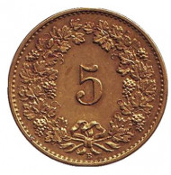 Монета 5 раппенов. 1918 год, Швейцария. (Латунь) Монета 5 раппенов. 1918 год, Швейцария. (Латунь)