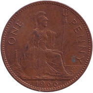 Монета 1 пенни. 1966 год, Великобритания. Монета 1 пенни. 1966 год, Великобритания.