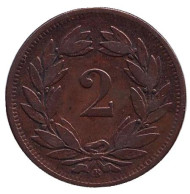 Монета 2 раппена. 1870 год, Швейцария.
