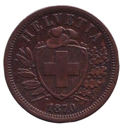 Монета 2 раппена. 1870 год, Швейцария. Монета 2 раппена. 1870 год, Швейцария.