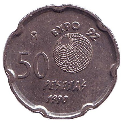 Монета 50 песет. 1990 год, Испания. Экспо-92. Хуан Карлос I. Монета 50 песет. 1990 год, Испания. Экспо-92. Хуан Карлос I.