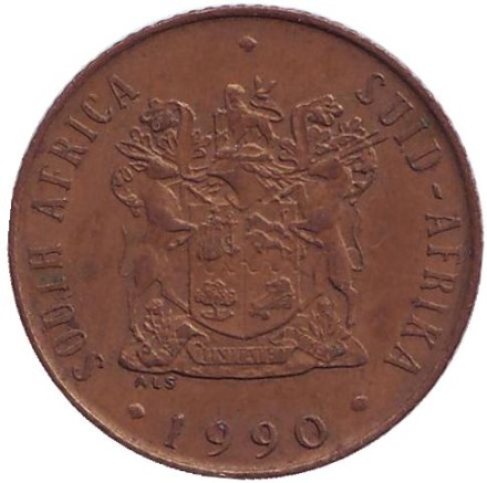 Монета 2 цента. 1990 год, Южная Африка. Белохвостый гну.