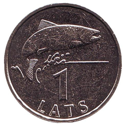 Монета 1 лат. 2007 год, Латвия. UNC. Рыба.