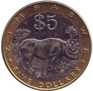 Монета 5 долларов. 2002 год, Зимбабве. Носорог. Монета 5 долларов. 2002 год, Зимбабве. Носорог.