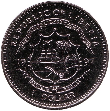 Монета 1 доллар. 1997 год, Либерия. 50 лет экспедиции Кон-Тики.