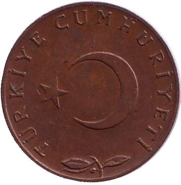 Монета 5 курушей. 1970 год, Турция. Дубовая ветвь.
