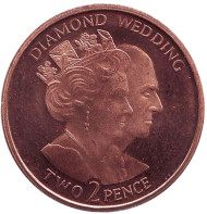 Монета 2 пенса. 2007 год, Гибралтар. Бриллиантовая свадьба. Монета 2 пенса. 2007 год, Гибралтар. Бриллиантовая свадьба.