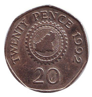 Монета 20 пенсов. 1992 год, Гернси. Карта острова Гернси. Монета 20 пенсов. 1992 год, Гернси. Карта острова Гернси.