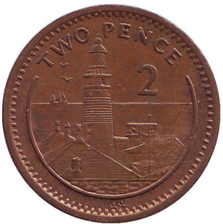 Монета 2 пенса. 1995 год, Гибралтар. (Отметка "AA", Немагнитная) Маяк.