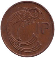 Монета 1 пенни. 1976 год, Ирландия. Птица. Ирландская арфа.