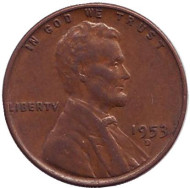 Монета 1 цент. 1953 год (D), США. Линкольн. Монета 1 цент. 1953 год (D), США. Линкольн.