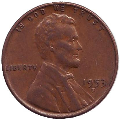 Монета 1 цент. 1953 год (D), США. Линкольн.