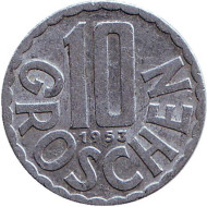 Монета 10 грошей. 1953 год, Австрия. Монета 10 грошей. 1953 год, Австрия.
