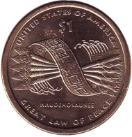 Сакагавея (Пояс Гайавата), серия "Коренные американцы". 1 доллар, 2010 год (D), США. Сакагавея (Пояс Гайавата), серия "Коренные американцы". 1 доллар, 2010 год (D), США.