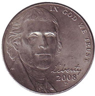 Монета 5 центов. 2008 год (P), США. Джефферсон. Монтичелло. Монета 5 центов. 2008 год (P), США. Джефферсон. Монтичелло.