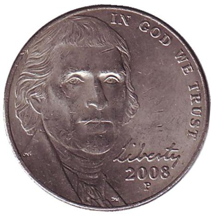 Монета 5 центов. 2008 год (P), США. Джефферсон. Монтичелло.