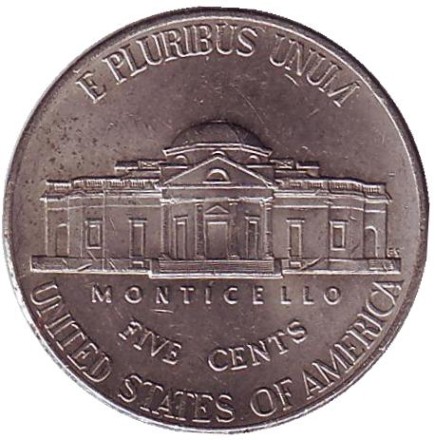 Монета 5 центов. 2008 год (P), США. Джефферсон. Монтичелло. Монета 5 центов. 2008 год (P), США. Джефферсон. Монтичелло.