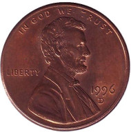 Монета 1 цент. 1996 год (D), США. Линкольн. Монета 1 цент. 1996 год (D), США. Линкольн.
