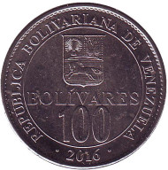 Монета 100 боливаров. 2016 год, Венесуэла. Монета 100 боливаров. 2016 год, Венесуэла.