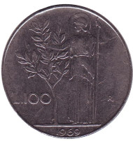 Монета 100 лир. 1969 год, Италия. Богиня мудрости Минерва рядом с оливковым деревом. Монета 100 лир. 1969 год, Италия. Богиня мудрости Минерва рядом с оливковым деревом.