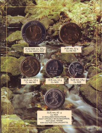 Глухарь. Набор монет Финляндии в буклете (6 шт). 1993 год, Финляндия. (с пробной монетой). Глухарь. Набор монет Финляндии в буклете (6 шт). 1993 год, Финляндия. (с пробной монетой).