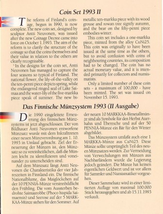 Глухарь. Набор монет Финляндии в буклете (6 шт). 1993 год, Финляндия. (с пробной монетой). Глухарь. Набор монет Финляндии в буклете (6 шт). 1993 год, Финляндия. (с пробной монетой).