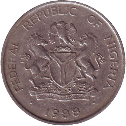 Монета 10 кобо. 1988 год, Нигерия. Пальмы. Монета 10 кобо. 1988 год, Нигерия. Пальмы.