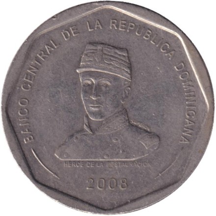 Монета 25 песо. 2008 год, Доминиканская Республика. Грегорио Луперон.