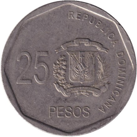 Монета 25 песо. 2008 год, Доминиканская Республика. Грегорио Луперон. Монета 25 песо. 2008 год, Доминиканская Республика. Грегорио Луперон.
