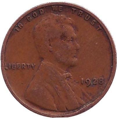 Монета 1 цент. 1928 год, США. (Без отметки монетного двора) Линкольн.