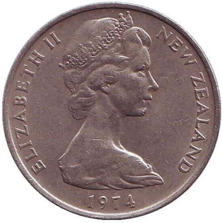 Монета 10 центов. 1974 год, Новая Зеландия. Из обращения. Маска маори.