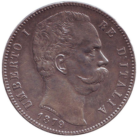 Монета 5 лир. 1879 год, Италия. Умберто I.